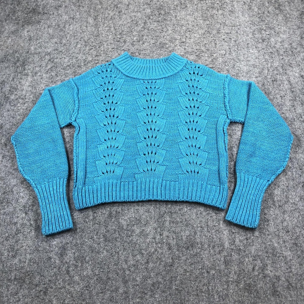 Free People Sweater Womens XS Blue Chunky Knit Cropped Mock Neck Pullover Cozy
